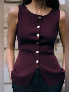 Zara Burgundy Gold Button Front Knit Vest